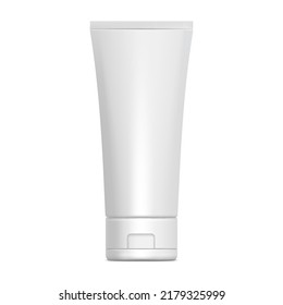 White glossy plastic tube for medicine or cosmetics - cream, gel, skin care, toothpaste. 3d Realistic packaging mockup template. Side view. Vector illustration.