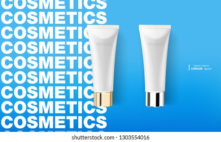 White glossy plastic tube on blue background for medicine or cosmetics - cream, gel, skin care, toothpaste. Realistic packaging mockup template.