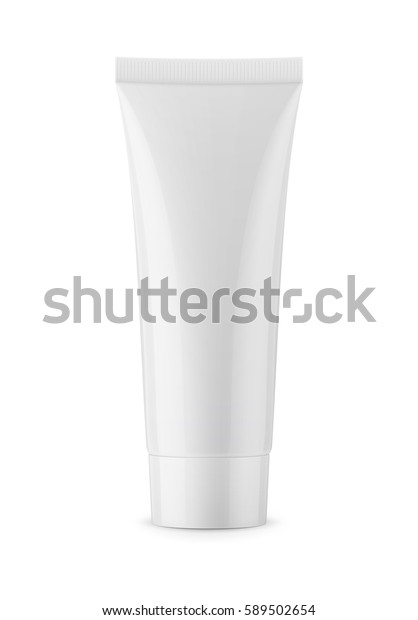 White glossy\
plastic tube with round cap for medicine or cosmetics - cream, gel,\
skin care, toothpaste. Realistic packaging mockup template. Front\
view. Vector\
illustration.