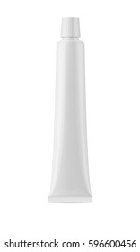 White glossy plastic tube with small ribbed cap for medicine or cosmetics - cream, gel, skin care, toothpaste. Realistic packaging mockup template. Front view. Vector illustration.