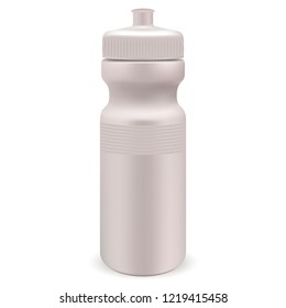 White glossy plastic water sports bottle. Photo realistic packaging mockup template. Front view. Vector 3d illustration.