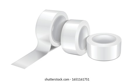 White Glossy Scotch Tape Roll. Set Of Vector Realistic Mockup Template Of Sticky Tape, Adhesive Tape Roll For Your Design