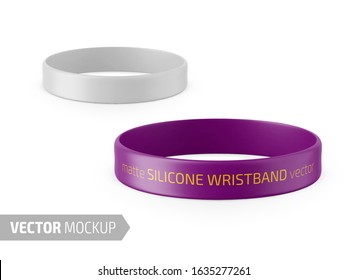 White glossy silicone wristband. Photo-realistic packaging mockup template with sample design. Vector 3d illustration.