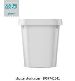 White glossy square plastic container. Photorealistic packaging mockup template. Front view. Vector 3d illustration. Contains an accurate mesh to wrap your artwork with the correct envelope distortion