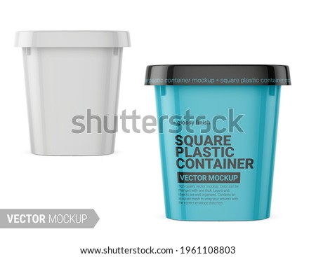 White glossy square plastic container. Photo-realistic packaging mockup template with sample design. Vector 3d illustration. Contains an accurate mesh to wrap your artwork with the envelope distortion