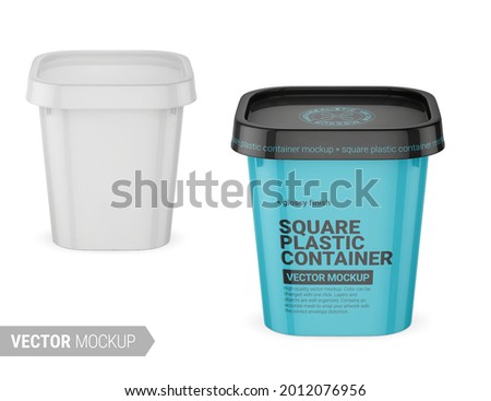 White glossy square plastic container. Photo-realistic packaging mockup template with sample design. Vector 3d illustration. Contains an accurate mesh to wrap your artwork with the envelope distortion