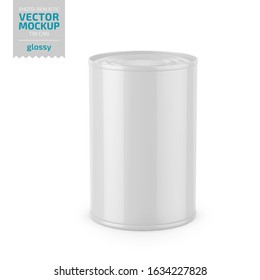 White glossy tin can. Photo-realistic packaging mockup template. Vector 3d illustration.