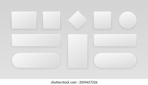 White glossy web buttons. Set of realistic 3d icons, internet stickers square rectangle circle shapes. Vector illustration