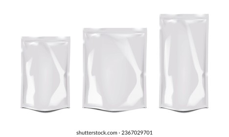 White glossy zip lock plastic bag vector mock-up set. Blank zipper stand-up pouch package mockup kit