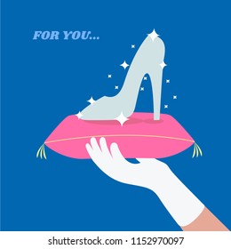 white glove flat design vector. wedding card isolated. dating blind date. prince holding a princess shoe or cinderella glass slipper on cushion or pillow. love story concept creative cartoon. for you