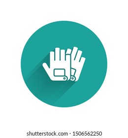 White Gloves icon isolated with long shadow. Extreme sport. Sport equipment. Green circle button. Vector Illustration