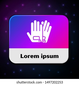 White Gloves icon isolated on black background. Extreme sport. Sport equipment. Rectangle color button. Vector Illustration