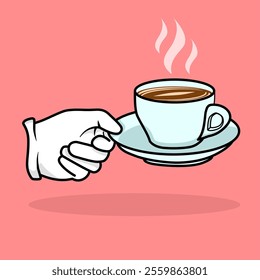 white gloves lifting a cup of coffee cartoon icon illustration. food and drink concept icon isolated with flat cartoon style