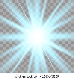 White glow light explodes on a transparent background. with ray. Transparent shining sun, bright flash. The center of a bright flash.
