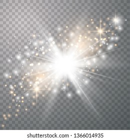 White glow light with white and golden dust, stars. Glitter special light effect. Christmas. 