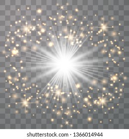 White glow light with white and golden dust, stars. Glitter special light effect. Christmas. 