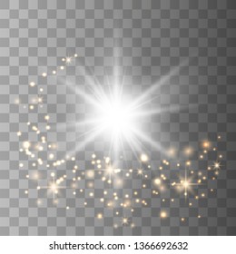 White glow light with white and golden dust, stars. Glitter special light effect. Christmas. 