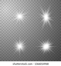 White glow light set. Glowing lights effect, flare, explosion and stars. Decorative sparkling stars illumination. Shining sources.