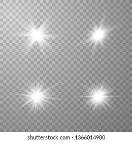 White glow light set. Glowing lights effect, flare, explosion and stars. Decorative sparkling stars illumination. Shining sources.