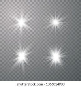 White glow light set. Glowing lights effect, flare, explosion and stars. Decorative sparkling stars illumination. Shining sources.