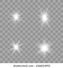 White glow light set. Glowing lights effect, flare, explosion and stars. Decorative sparkling stars illumination. Shining sources.
