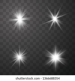 White glow light set. Glowing lights effect, flare, explosion and stars. Decorative sparkling stars illumination. Shining sources.