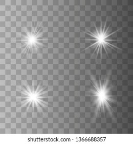 White glow light set. Glowing lights effect, flare, explosion and stars. Decorative sparkling stars illumination. Shining sources.