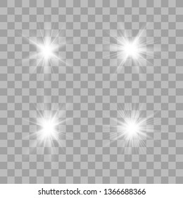 White glow light set. Glowing lights effect, flare, explosion and stars. Decorative sparkling stars illumination. Shining sources.