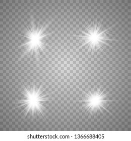 White glow light set. Glowing lights effect, flare, explosion and stars. Decorative sparkling stars illumination. Shining sources.