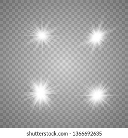 White glow light set. Glowing lights effect, flare, explosion and stars. Decorative sparkling stars illumination. Shining sources.