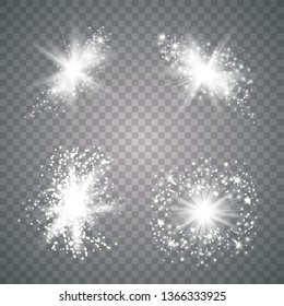 White Glow light set with white and golden dust, stars. Glitter special light effect. Christmas. Glare texture 