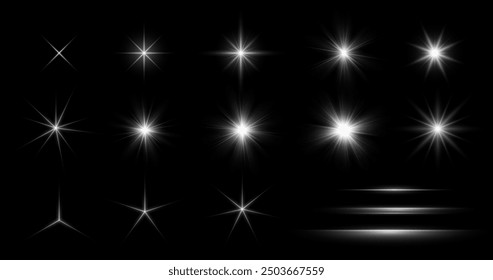 White Glow lighting Star. Collection of different light effects on black background. Set of Transparent Sparkling stars. Realistic vector illustration