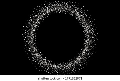 White Glow Modern Black Background. Abstract Polka Wallpaper. Silver Shine Holiday Pattern. Round Falling Card.
