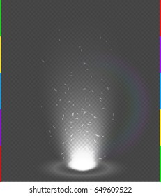 White glow rays night scene with sparks on transparent background rainbow. Empty light beam effect podium. Magic fantasy portal. Futuristic source energy splash explosion.