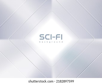 White glow rhomb sci-fi background design. Vector center perspective light at the end of tunnel concept. Silver wall barrel poster, light tech banner. Shining abstract geometric technology backdrop