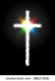 White Glow Sparkling Cross with Multicolor Flare on black background. Easter Shine Symbol. Christian Church Logo Light Concept