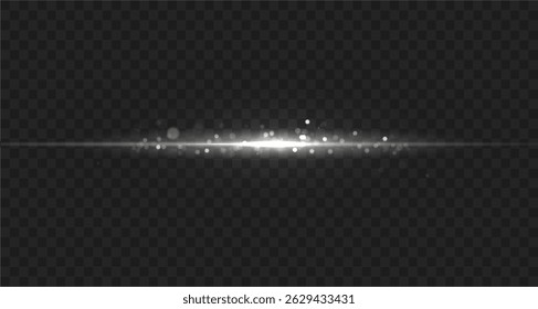 White glowing beam moves through dark space with sparkle glare shine and light streak as abstract flare explosion creates dynamic energy flash in spotlight effect