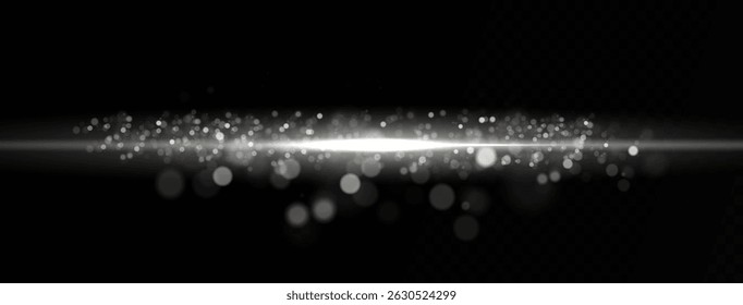 White glowing beam moves through dark space with sparkle glare shine and light streak as abstract flare explosion creates dynamic energy flash in spotlight effect