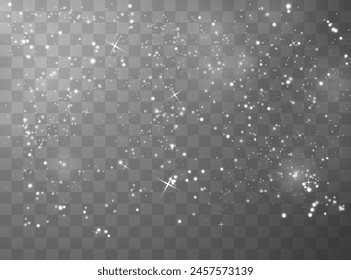 White glowing dust light on transparent dark background. Bokeh light effect. Illuminated shimmer and sparkle magic overlay texture for design. Bright flares with particles and glitters