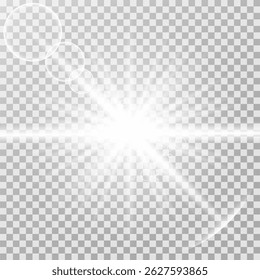 White glowing explosion transparent. Vector illustration for cool ray glitter decoration effect. Sunlight. Bright star. Transparent glitter gradient sparkle, bright flash. Glare texture.