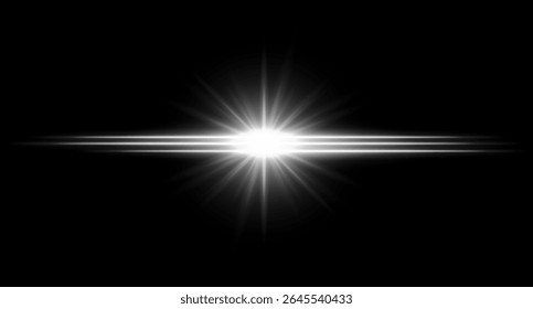 White glowing flare with intense horizontal beams and radiant burst. Clean light effect with high contrast.