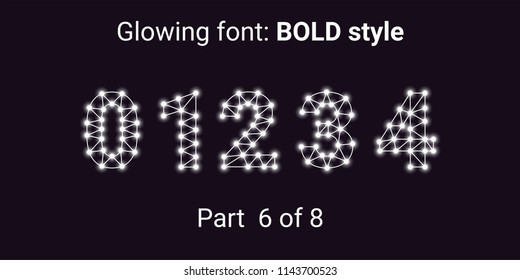 White Glowing font in the Outline style. Vector Alphabet with Connections, Lines, Polygonal structure and Glowing knots. Bold style, part 6 with numbers 0 1 2 3 4