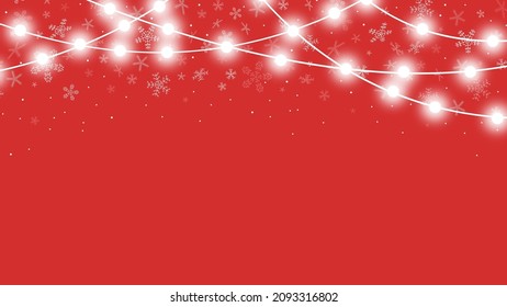 White glowing garlands, lights. The decor is snow. Red background. Christmas holiday light bulbs, Christmas decoration. Vector illustration with space for text.