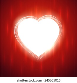 White glowing heart shape on red stylish background. Vector illustration.