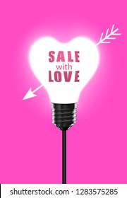 White glowing heart-shaped bulb pierced by an arrow on a pink background with an inscription Sale with Love inside.