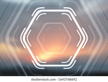 White glowing hi-tech hexagons on blurred sunset background. Futuristic geometric vector design