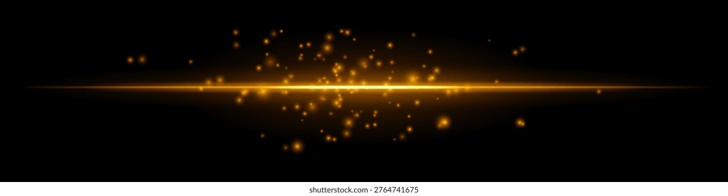 White glowing horizon particles composition. Bright horizontal light line, scattered spark dots above, radiant center, dark gradient backdrop, luminous atmosphere, floating shimmer texture
