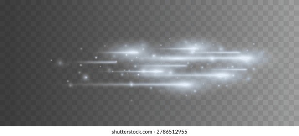 White glowing horizontal speed streak with blue particles isolated on a transparent background, vector illustration.