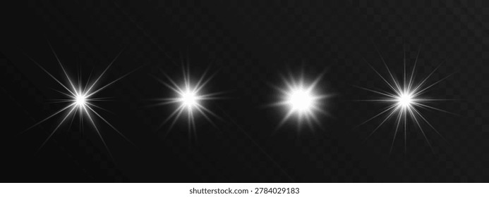 White Glowing Lens Flare Light Burst Collection with Sparkle Star Effects Isolated on Transparent Background
