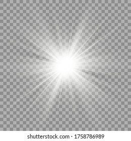 White glowing light. Beautiful star Light from the rays. Sun with lens flare. Bright beautiful star. Sunlight.